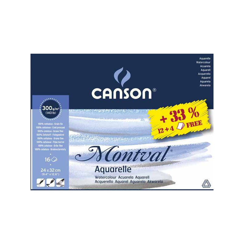 Bloc aquarelle Montval 300g/m² grain fin 12+4 fls gratuites