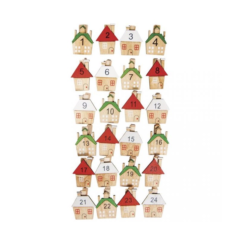 Pinces avec maison en bois - Calendrier de l'Avent chiffres 1à 24