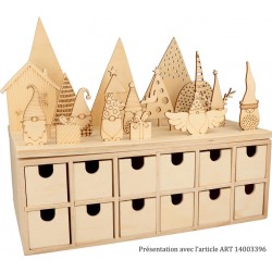 Calendrier de l'Avent rectangle en bois 24 tiroirs 33,5x20,5x11,5cm