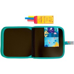 Carnet ardoise réutilisable 20x20cm + 4 crayons - Sous-marin