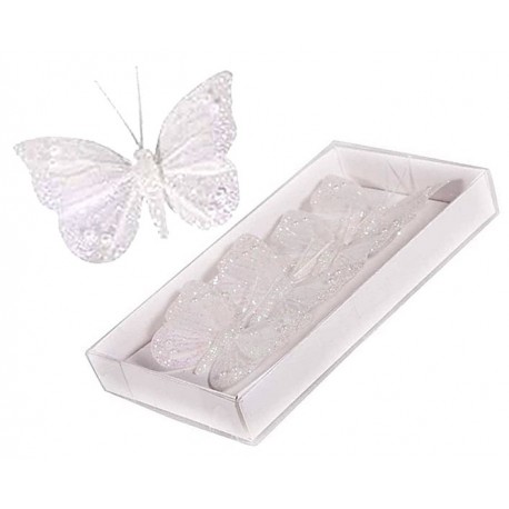 Papillons en plumes micacées x4pcs - Blanc 