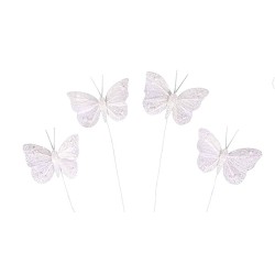 Papillons en plumes micacées x4pcs - Blanc 
