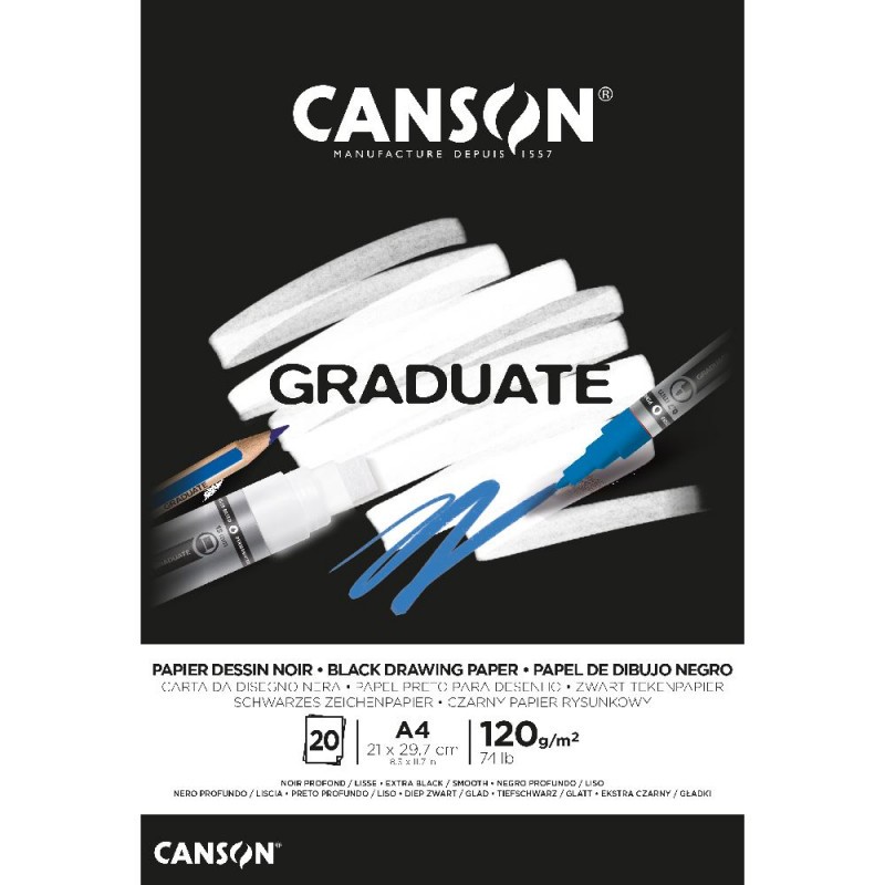 Bloc Dessin Noir Graduate 120 g/m², 20 fls collées un coté