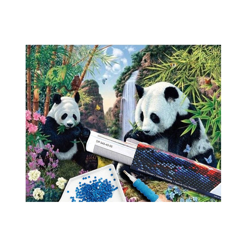 Broderie diamant 40x50cm sur toile roulée - Famille de pandas