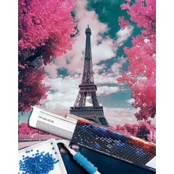 Broderie diamant 40x50cm sur toile roulée - Tour Eiffel en fleurs