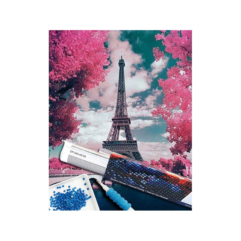 Broderie diamant 40x50cm sur toile roulée - Tour Eiffel en fleurs