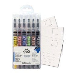Set de 6 pinceaux à encre aquarellable Ink Brush + 10 cartes postales 10x15 cm