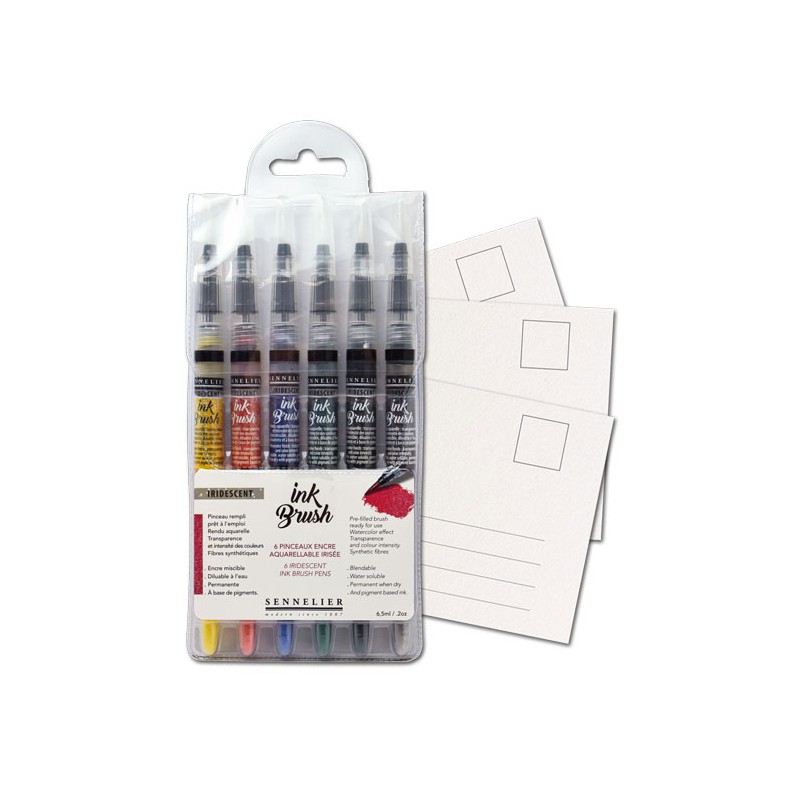 Set de 6 pinceaux à encre aquarellable Ink Brush + 10 cartes postales 10x15 cm