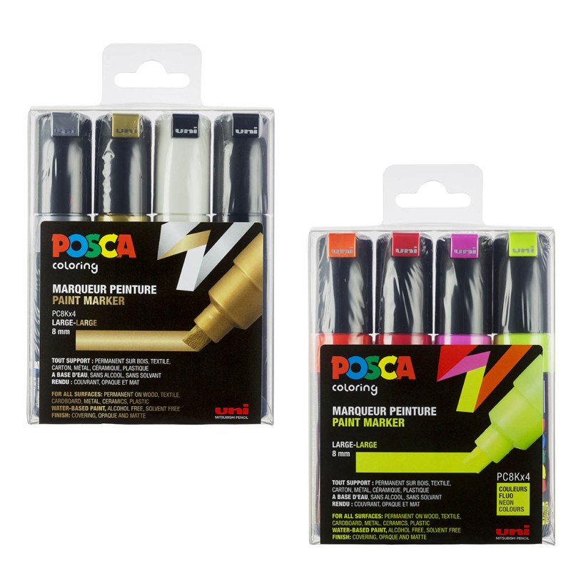Set de 4 marqueurs Posca PC8K couleurs métalliques et fluo Uniball