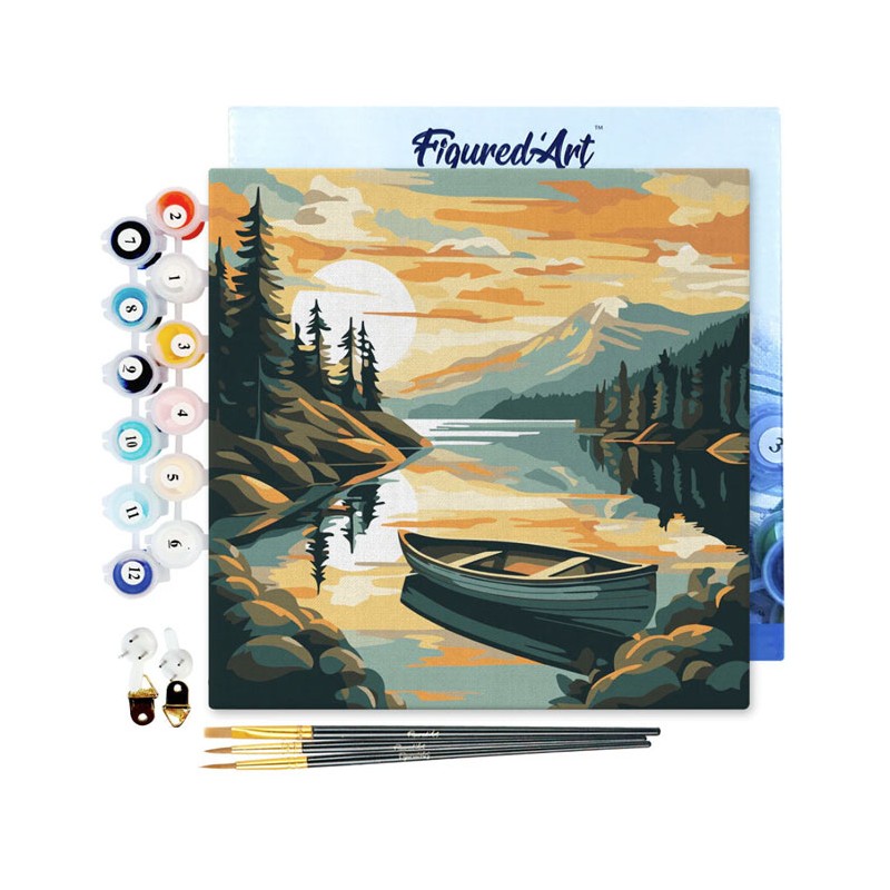 Peinture par numéros 20x20cm sur toile tendue - Lac de montagne et canoë