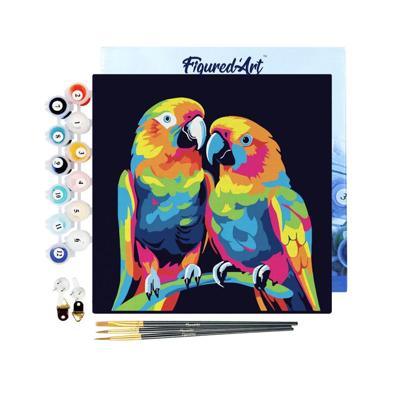 Peinture par numéros 20x20cm sur toile tendue - Perroquets Abstraits Pop Art