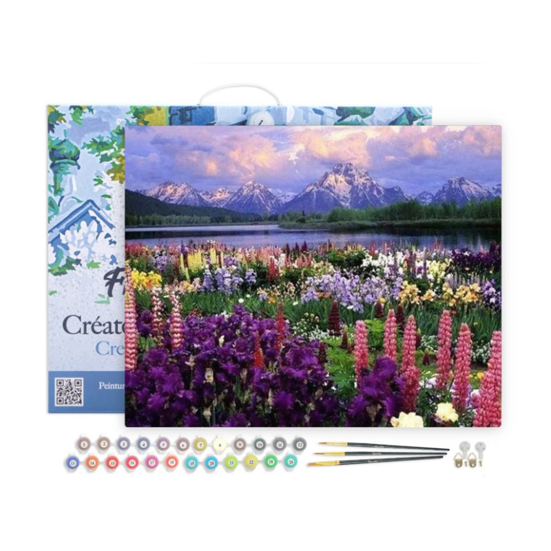 Peinture par numéros 40x50cm sur toile tendue - Fleurs et lac de montagne