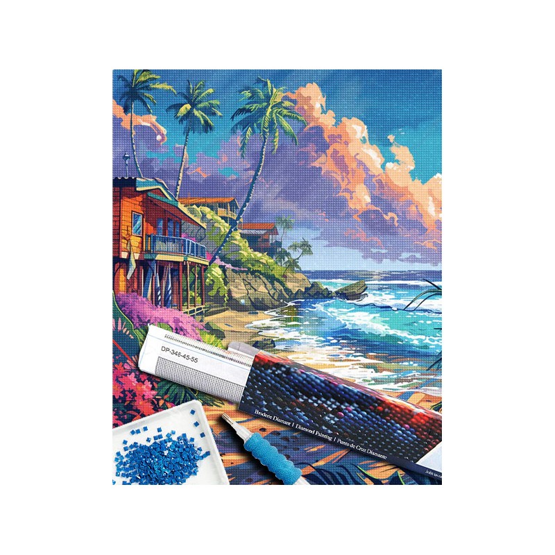 Broderie diamant 40x50cm sur toile roulée - Maisons en bord de plage