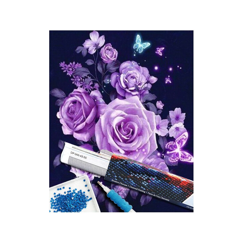 Broderie diamant 40x50cm sur toile roulée - Fleurs et papillons en violet