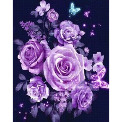 Broderie diamant 40x50cm sur toile roulée - Fleurs et papillons en violet
