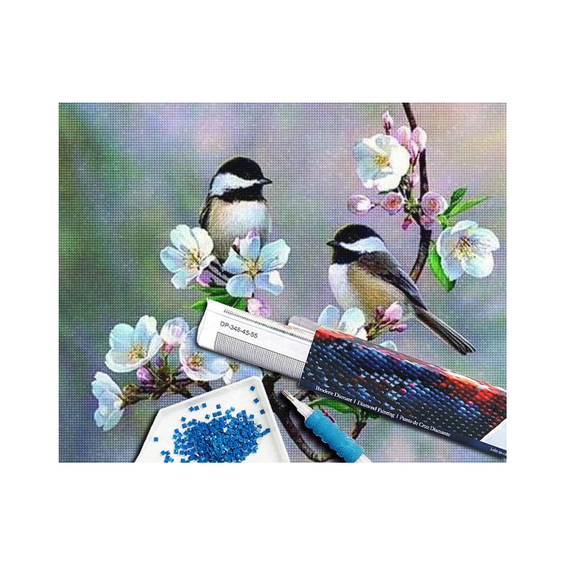 Broderie diamant 40x50cm sur toile roulée - Petits oiseaux et fleurs blanches