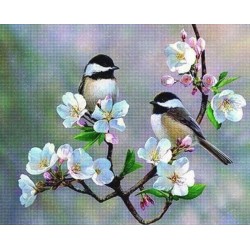 Broderie diamant 40x50cm sur toile roulée - Petits oiseaux et fleurs blanches