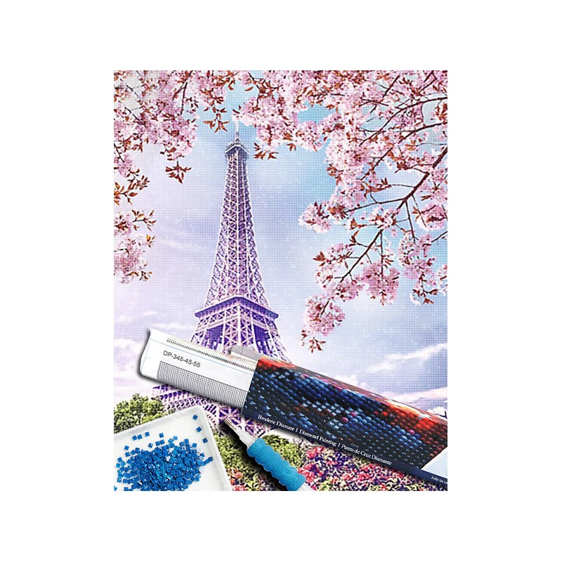Broderie diamant 40x50cm sur toile roulée - Tour Eiffel au printemps