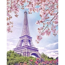 Broderie diamant 40x50cm sur toile roulée - Tour Eiffel au printemps