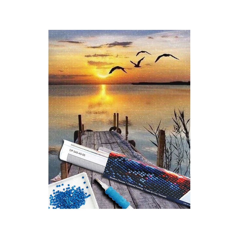 Broderie diamant 40x50cm sur toile roulée - Ponton sur lac