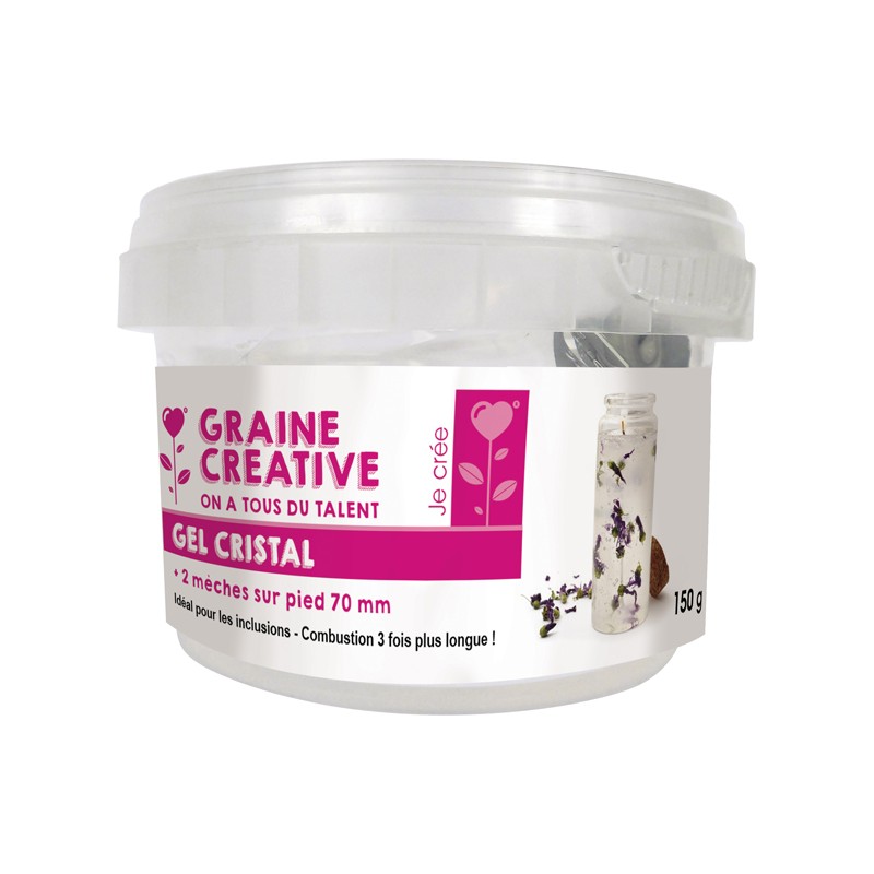Gel bougie cristal transparent, pot de 150gr + 2 mèches