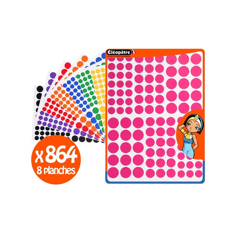 Gommettes rondes 3 diamètres et 8 couleurs x864 pcs
