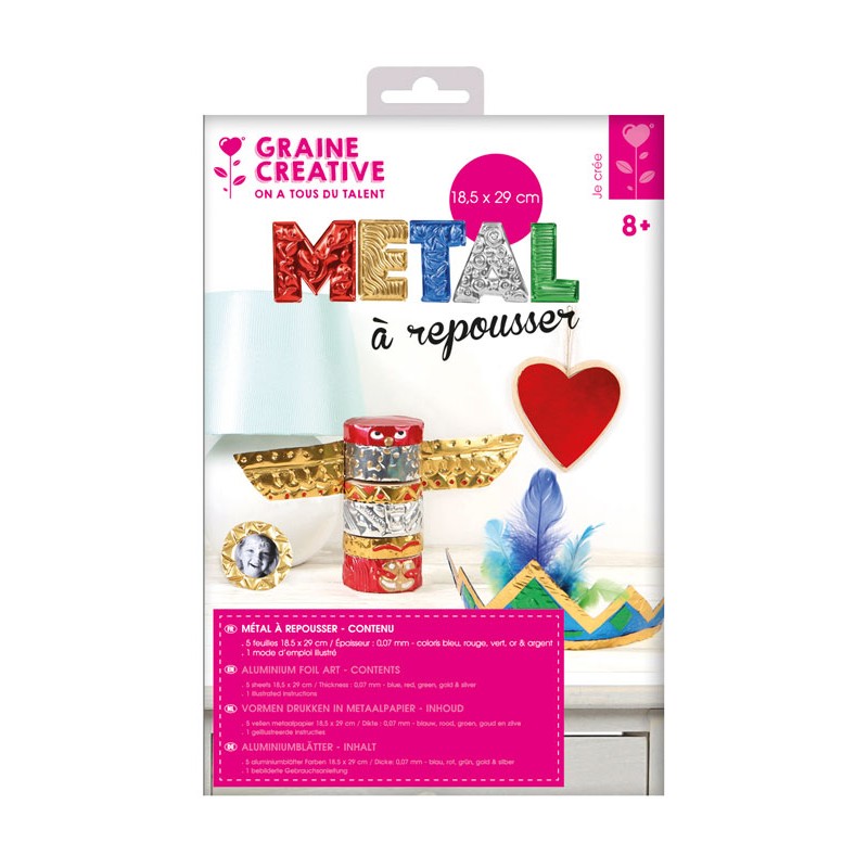 Pochette 5 feuilles de métal à repousser coloré 18,5x29cm