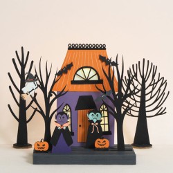 Set décor en bois paysage et silhouettes Halloween 18x11,5x1,5 cm