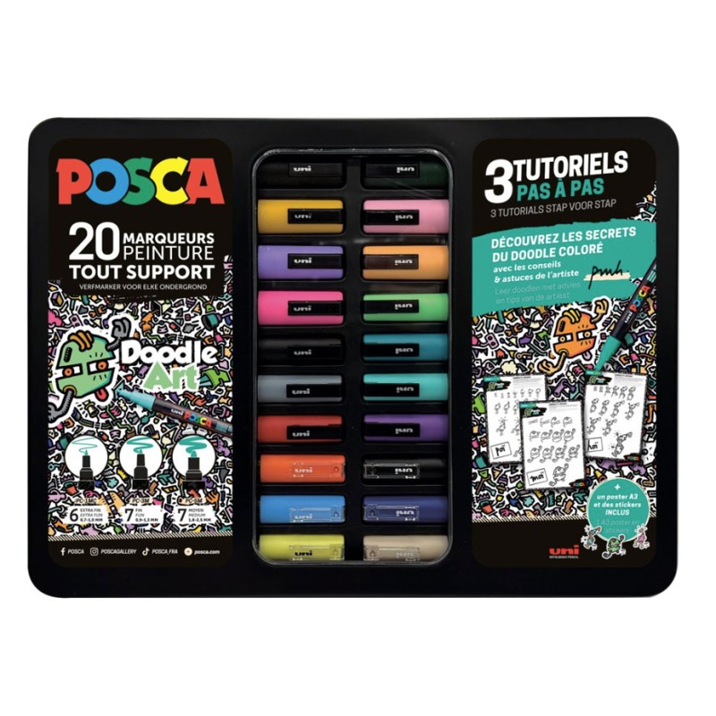 Mallette Posca Doodle Art by PHM, 20 marqueurs assortis