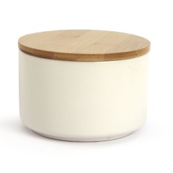 Pot à bougie en céramique blanc et couvercle bambou ø10x8,9cm