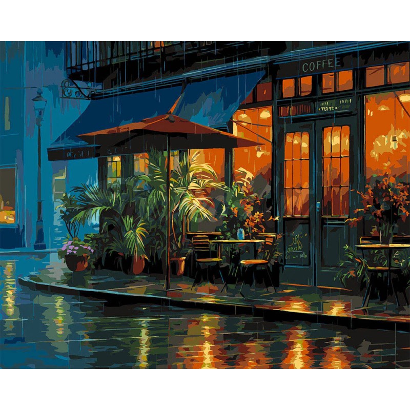 Peinture par numéros Café du coin pluvieux sur châssis 40x50 cm