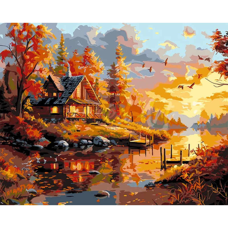 Peinture par numéros Coucher de soleil automnal sur cabane sur châssis 40x50 cm