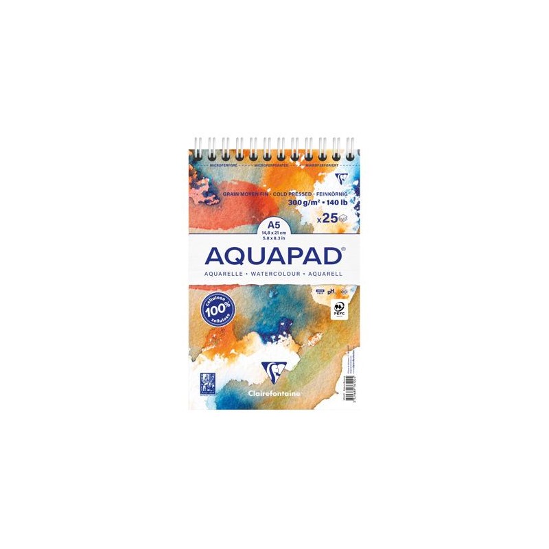 Bloc spiralé aquarelle Aquapad 300g/m²,  25 fls reliées petit côté