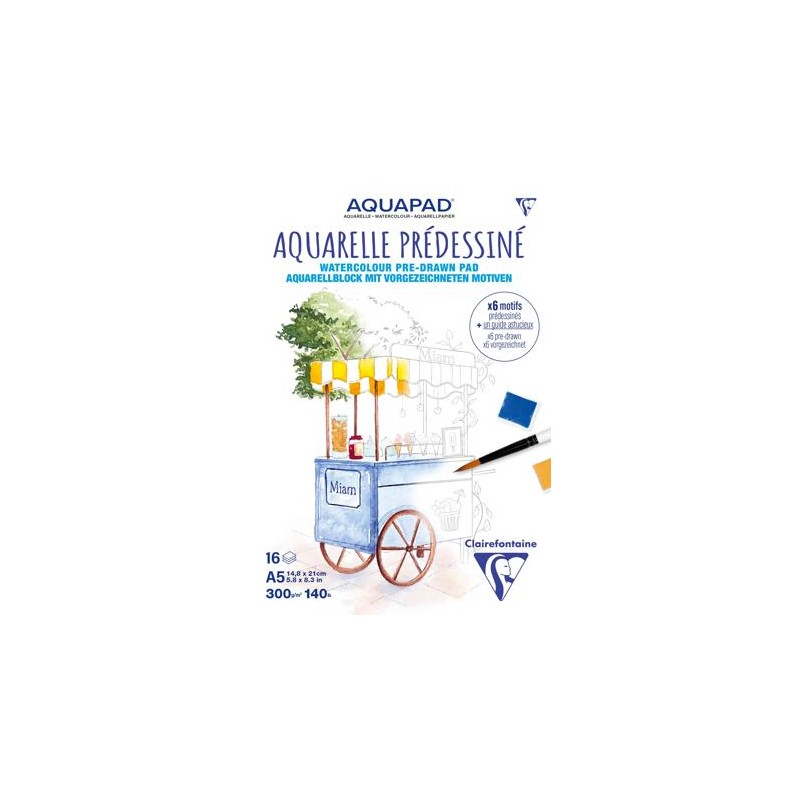 Bloc aquarelle prédessiné Voyage Gourmand, 16 fls 300 g/m² 14.8x21 cm