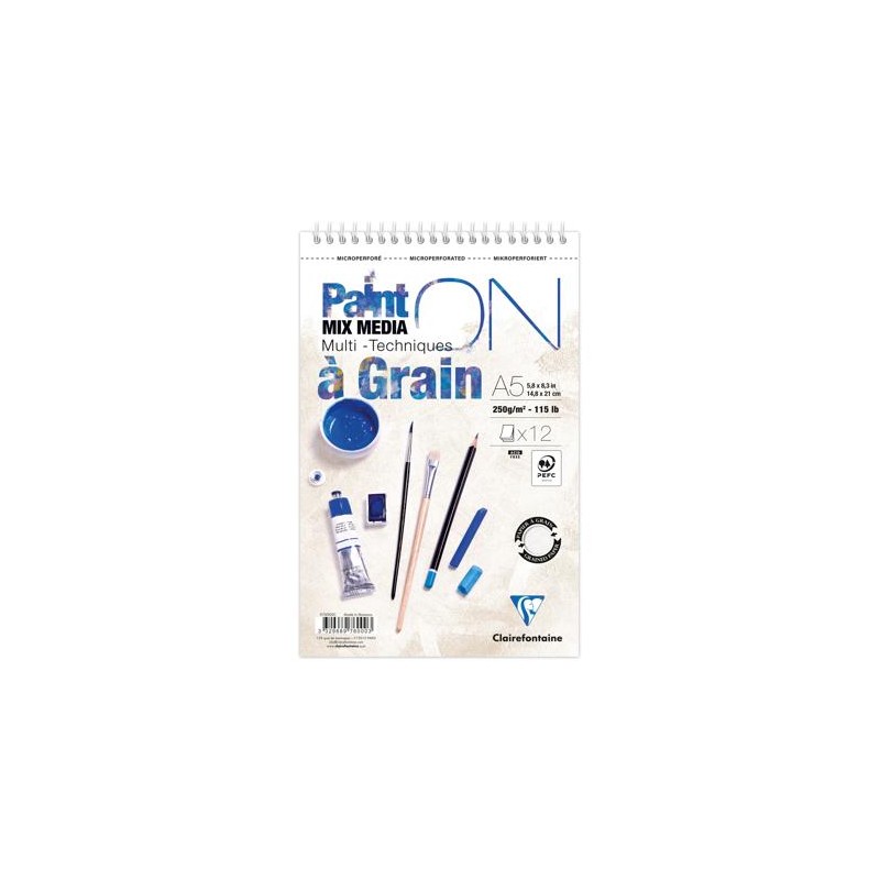 Bloc multi-technique spiralé Paint On à Grain 250 g/m² de 12 fls