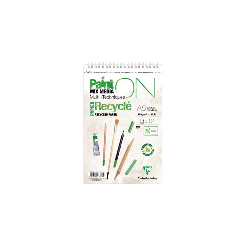 Bloc multi-technique spiralé Paint On recyclé 250 g/m² de 12 fls