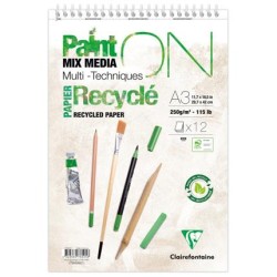 Bloc multi-technique spiralé Paint On recyclé 250 g/m² de 12 fls