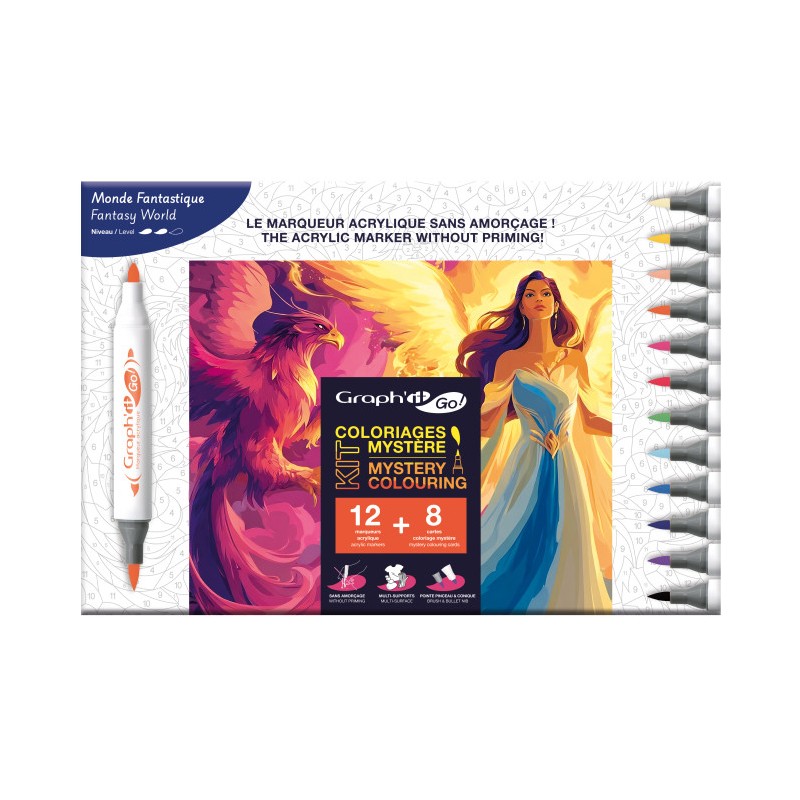 Kit coloriage mystère Monde Fantastique :12 marqueurs Graph'It GO + 8 cartes