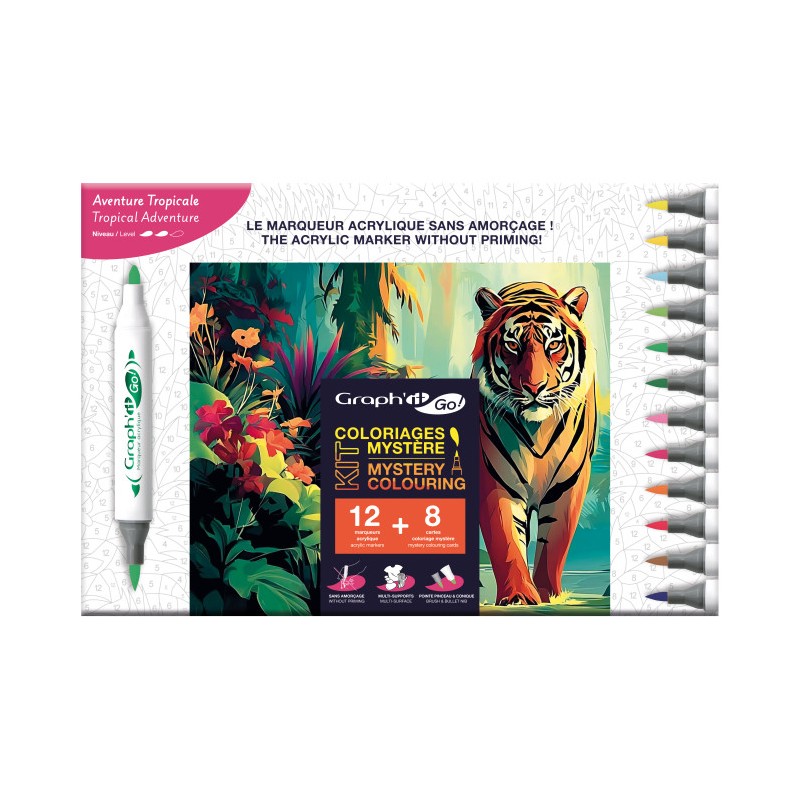 Kit coloriage mystère Aventure Tropicale :12 marqueurs Graph'It GO + 8 cartes