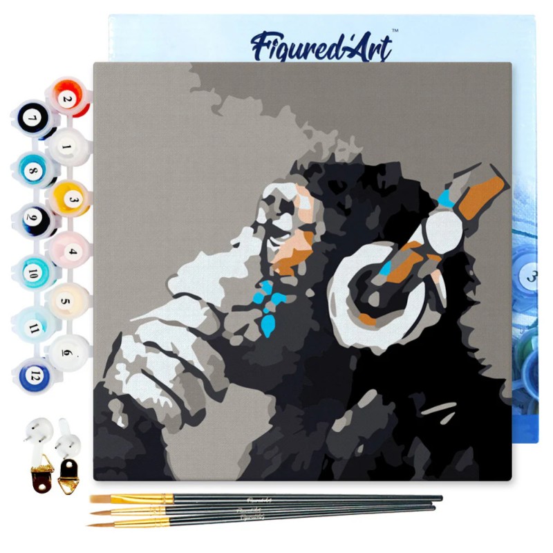 Peinture par numéros 20x20 cm sur châssis Singe casque audio