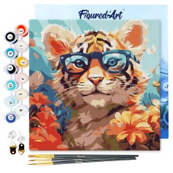 Peinture par numéros 20x20 cm sur châssis Bébé Tigre fantaisie et fleurs