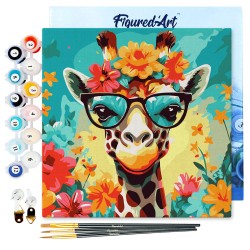 Peinture par numéros 20x20 cm sur châssis Girafe fantaisie et fleurs
