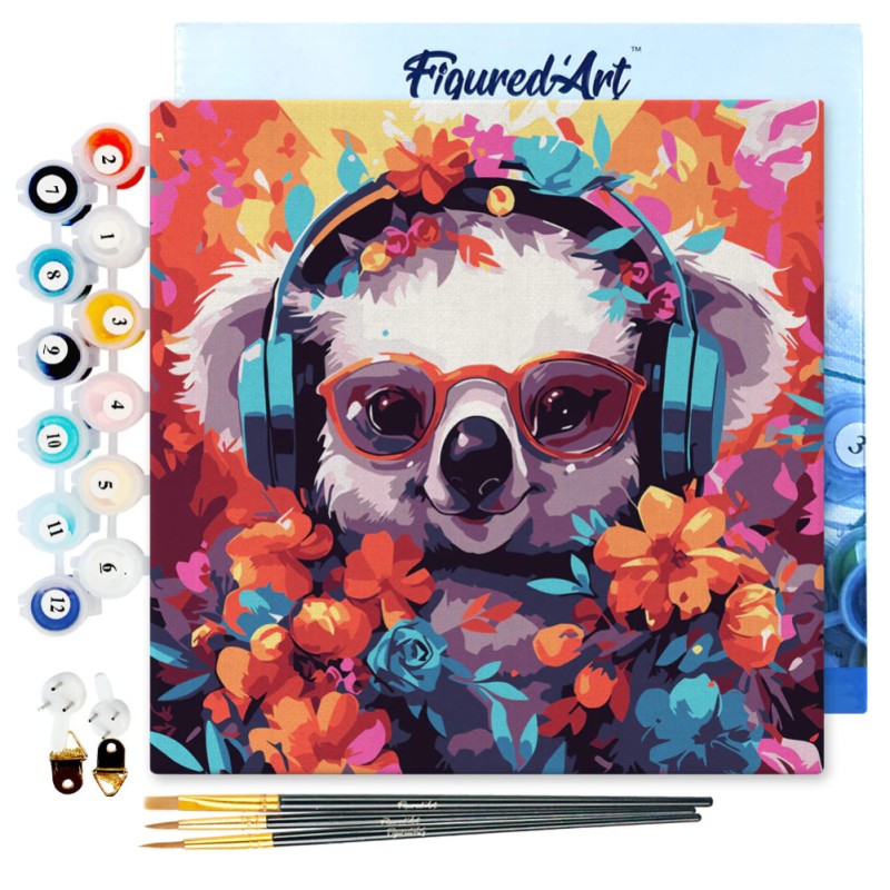 Peinture par numéros 20x20 cm sur châssis Koala fantaisie et fleurs