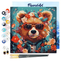 Peinture par numéros Ourson fantaisie et fleurs sur châssis 20x20 cm