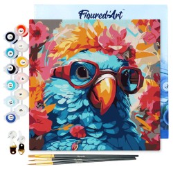 Peinture par numéros 20x20 cm sur châssis Perroquet fantaisie et fleurs