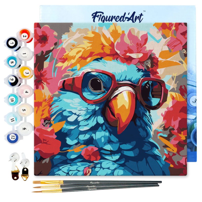 Peinture par numéros 20x20 cm sur châssis Perroquet fantaisie et fleurs