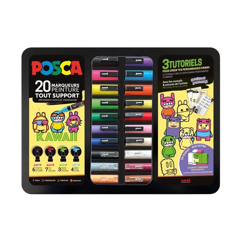Mallette Posca Kawaii, 20 marqueurs assortis